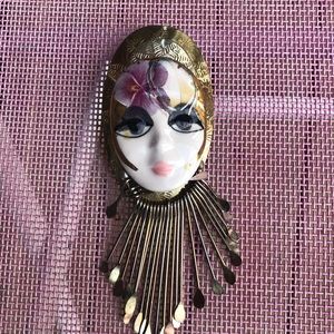 Artisan made hp porcelain face with metal fringe brooch signed